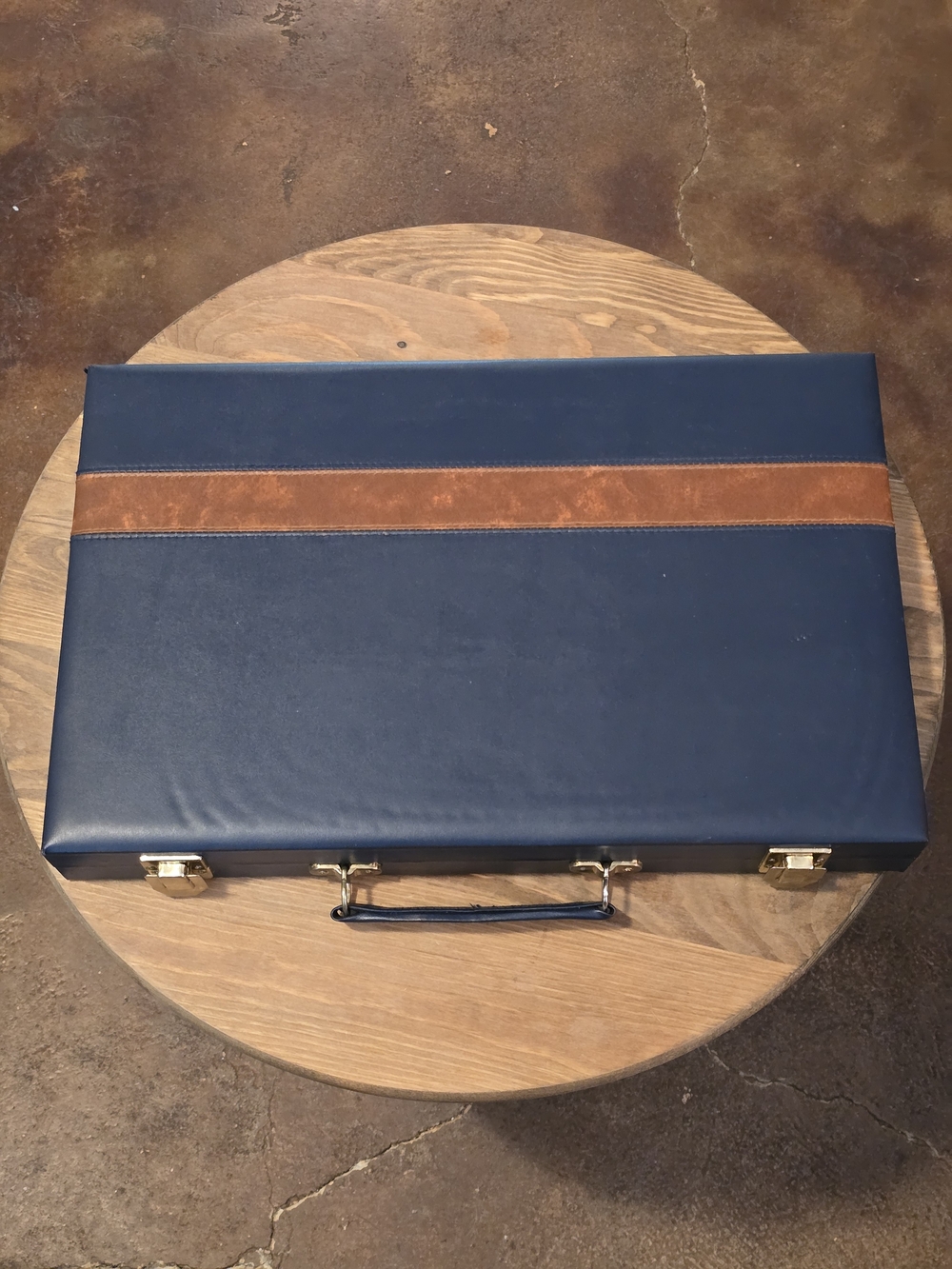Backgammon Navy Blue & Brown Leather Travel Game Set Folding Carry Case
